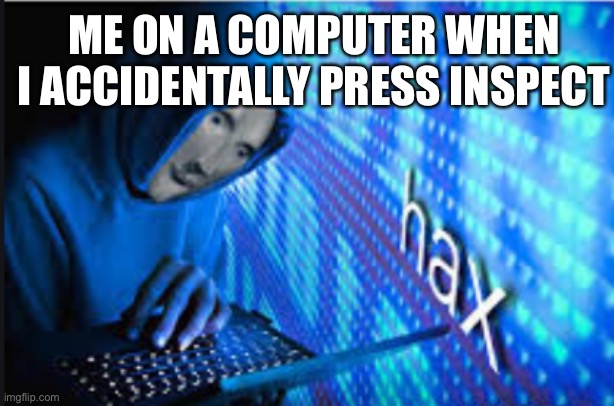 Hax | ME ON A COMPUTER WHEN I ACCIDENTALLY PRESS INSPECT | image tagged in hax | made w/ Imgflip meme maker