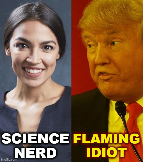 One of these graduated with honors from a major university. The other is President of the United States. | SCIENCE NERD; FLAMING IDIOT | image tagged in aoc,smart,trump,stupid | made w/ Imgflip meme maker