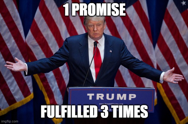 Donald Trump | 1 PROMISE FULFILLED 3 TIMES | image tagged in donald trump | made w/ Imgflip meme maker