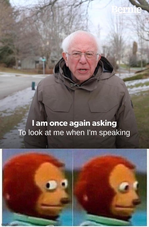 To look at me when I'm speaking | image tagged in memes,monkey puppet,bernie i am once again asking for your support | made w/ Imgflip meme maker