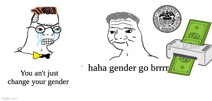 Haha money printer go brrr | You an't just change your gender; haha gender go brrrr | image tagged in haha money printer go brrr | made w/ Imgflip meme maker