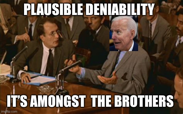 Guilty of lying, corruption, foreign interference | PLAUSIBLE DENIABILITY; IT’S AMONGST  THE BROTHERS | image tagged in olive oil business,biden,corruption,lying,democrats | made w/ Imgflip meme maker