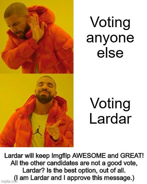 Just vote Lardar, the only thing I ask. | Voting anyone else; Voting Lardar; Lardar will keep Imgflip AWESOME and GREAT!
All the other candidates are not a good vote,
Lardar? Is the best option, out of all.
(I am Lardar and I approve this message.) | image tagged in memes,drake hotline bling | made w/ Imgflip meme maker