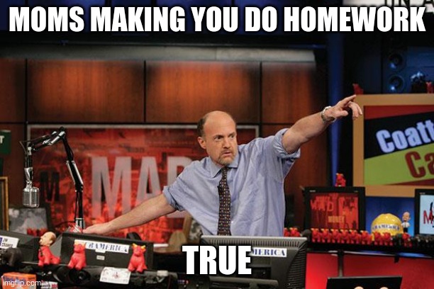 Mad Money Jim Cramer | MOMS MAKING YOU DO HOMEWORK; TRUE | image tagged in memes,mad money jim cramer | made w/ Imgflip meme maker