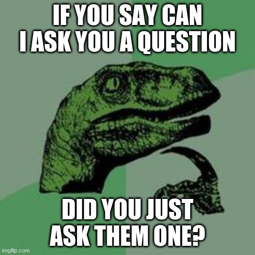 help please all the smart people help | IF YOU SAY CAN I ASK YOU A QUESTION; DID YOU JUST ASK THEM ONE? | image tagged in time raptor,hold up,wait a minute | made w/ Imgflip meme maker