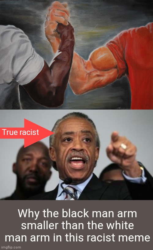 True racist; Why the black man arm smaller than the white man arm in this racist meme | image tagged in al sharpton,memes,epic handshake | made w/ Imgflip meme maker