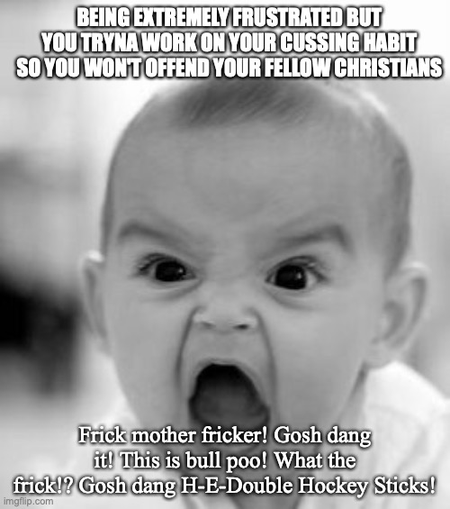 Angry Baby Meme | BEING EXTREMELY FRUSTRATED BUT YOU TRYNA WORK ON YOUR CUSSING HABIT SO YOU WON'T OFFEND YOUR FELLOW CHRISTIANS; Frick mother fricker! Gosh dang it! This is bull poo! What the frick!? Gosh dang H-E-Double Hockey Sticks! | image tagged in memes,angry baby | made w/ Imgflip meme maker