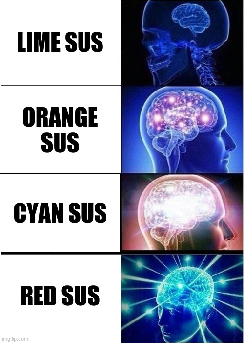 Mind Size: Expanding Big | LIME SUS; ORANGE SUS; CYAN SUS; RED SUS | image tagged in memes,expanding brain,mind size,among us | made w/ Imgflip meme maker