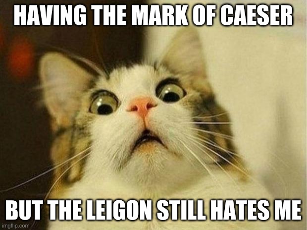 fallout nv meme | HAVING THE MARK OF CAESER; BUT THE LEIGON STILL HATES ME | image tagged in memes,scared cat | made w/ Imgflip meme maker