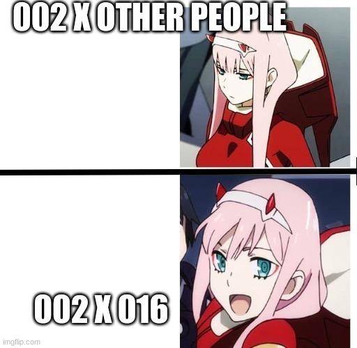 Zero Two Meme | 002 X OTHER PEOPLE; 002 X 016 | image tagged in zero two meme | made w/ Imgflip meme maker