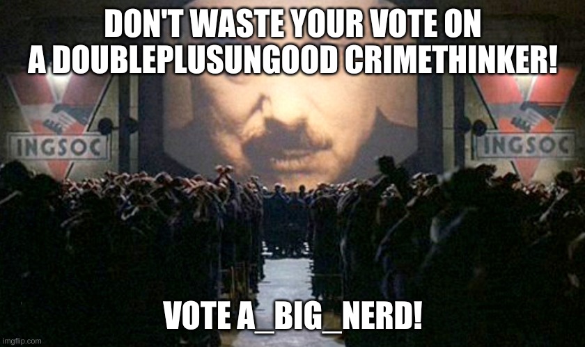 Big Brother IngSoc | DON'T WASTE YOUR VOTE ON A DOUBLEPLUSUNGOOD CRIMETHINKER! VOTE A_BIG_NERD! | image tagged in big brother ingsoc | made w/ Imgflip meme maker