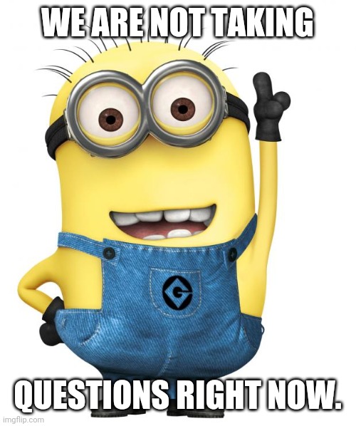 minions | WE ARE NOT TAKING QUESTIONS RIGHT NOW. | image tagged in minions | made w/ Imgflip meme maker