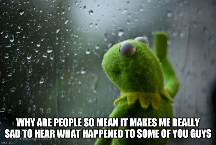 kermit window | WHY ARE PEOPLE SO MEAN IT MAKES ME REALLY SAD TO HEAR WHAT HAPPENED TO SOME OF YOU GUYS | image tagged in kermit window | made w/ Imgflip meme maker