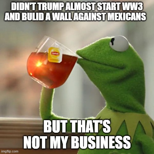 But That's None Of My Business Meme | DIDN'T TRUMP ALMOST START WW3 AND BULID A WALL AGAINST MEXICANS; BUT THAT'S NOT MY BUSINESS | image tagged in memes,but that's none of my business,kermit the frog | made w/ Imgflip meme maker