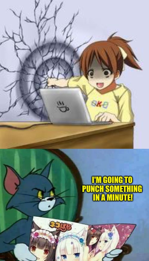 You're disturbing Tom! | I'M GOING TO 
PUNCH SOMETHING 
IN A MINUTE! | image tagged in anime wall punch,disturbed anime magazine tom | made w/ Imgflip meme maker