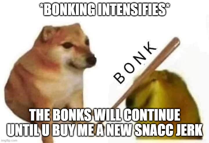 Doge bonk | *BONKING INTENSIFIES* THE BONKS WILL CONTINUE UNTIL U BUY ME A NEW SNACC JERK | image tagged in doge bonk | made w/ Imgflip meme maker