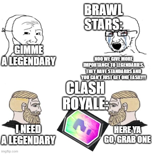 true...  legendaries in clash royale is soo much more easy to get... | BRAWL STARS:; NOO WE GIVE MORE IMPORTANCE TO LEGENDARIES, THEY HAVE STANDARDS AND YOU CAN'T JUST GET ONE EASILY!! GIMME A LEGENDARY; CLASH ROYALE:; I NEED A LEGENDARY; HERE YA GO, GRAB ONE | image tagged in chad we know,cr vs bs | made w/ Imgflip meme maker