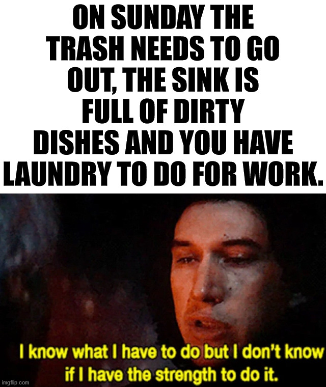 When you are alone and nobody is there to help you with chores. | ON SUNDAY THE TRASH NEEDS TO GO OUT, THE SINK IS FULL OF DIRTY DISHES AND YOU HAVE LAUNDRY TO DO FOR WORK. | image tagged in i know what i have to do but i don t know if i have the strength,housework,single life,chores | made w/ Imgflip meme maker