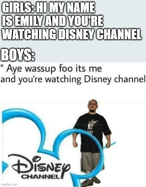 GIRLS: HI MY NAME IS EMILY AND YOU'RE WATCHING DISNEY CHANNEL; BOYS: | image tagged in memes,funny | made w/ Imgflip meme maker