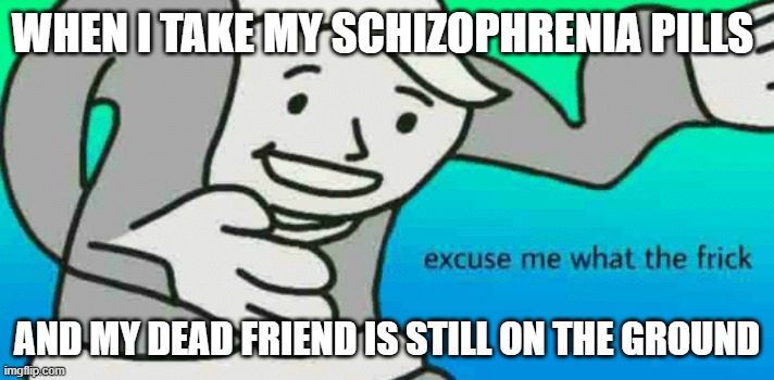 schizophrenia pills | WHEN I TAKE MY SCHIZOPHRENIA PILLS; AND MY DEAD FRIEND IS STILL ON THE GROUND | image tagged in excuse me what the frick | made w/ Imgflip meme maker