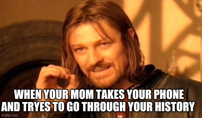 One Does Not Simply | WHEN YOUR MOM TAKES YOUR PHONE AND TRYES TO GO THROUGH YOUR HISTORY | image tagged in memes,one does not simply | made w/ Imgflip meme maker