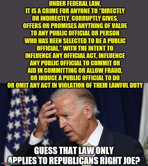 I wish I could break the law as much as Democrats, but I don't suffer from a mental disorder... | UNDER FEDERAL LAW, IT IS A CRIME FOR ANYONE TO “DIRECTLY OR INDIRECTLY, CORRUPTLY GIVES, OFFERS OR PROMISES ANYTHING OF VALUE TO ANY PUBLIC OFFICIAL OR PERSON WHO HAS BEEN SELECTED TO BE A PUBLIC OFFICIAL,” WITH THE INTENT TO INFLUENCE ANY OFFICIAL ACT, INFLUENCE ANY PUBLIC OFFICIAL TO COMMIT OR AID IN COMMITTING OR ALLOW FRAUD, OR INDUCE A PUBLIC OFFICIAL TO DO OR OMIT ANY ACT IN VIOLATION OF THEIR LAWFUL DUTY; GUESS THAT LAW ONLY APPLIES TO REPUBLICANS RIGHT JOE? | image tagged in joe biden worries,law,government corruption,democrats | made w/ Imgflip meme maker