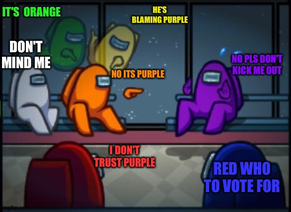 Among us blame | IT'S  ORANGE; HE'S BLAMING PURPLE; DON'T MIND ME; NO PLS DON'T KICK ME OUT; NO ITS PURPLE; I DON'T  TRUST PURPLE; RED WHO TO VOTE FOR | image tagged in among us blame | made w/ Imgflip meme maker