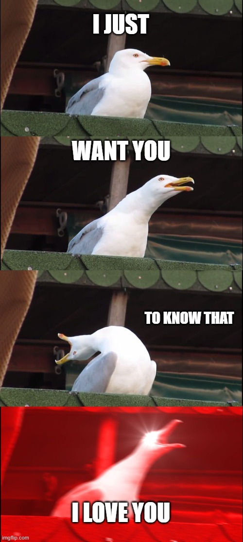 love yourself | I JUST; WANT YOU; TO KNOW THAT; I LOVE YOU | image tagged in memes,inhaling seagull,i love you | made w/ Imgflip meme maker