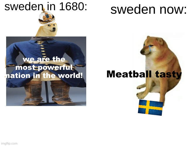IKEA? don't mind if I do | sweden in 1680:; sweden now:; we are the most powerful nation in the world! Meatball tasty | image tagged in memes,buff doge vs cheems | made w/ Imgflip meme maker