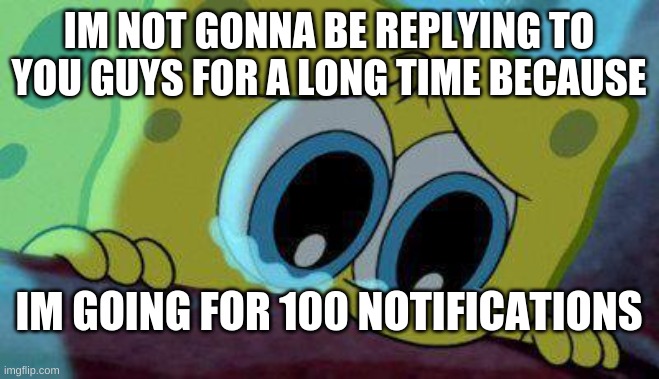 crying spongebob | IM NOT GONNA BE REPLYING TO YOU GUYS FOR A LONG TIME BECAUSE; IM GOING FOR 100 NOTIFICATIONS | image tagged in crying spongebob | made w/ Imgflip meme maker