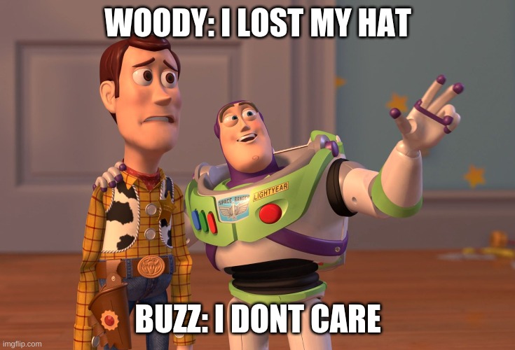 X, X Everywhere | WOODY: I LOST MY HAT; BUZZ: I DONT CARE | image tagged in memes,x x everywhere | made w/ Imgflip meme maker