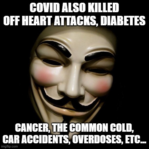 Anonymous Mask | COVID ALSO KILLED OFF HEART ATTACKS, DIABETES CANCER, THE COMMON COLD, CAR ACCIDENTS, OVERDOSES, ETC... | image tagged in anonymous mask | made w/ Imgflip meme maker