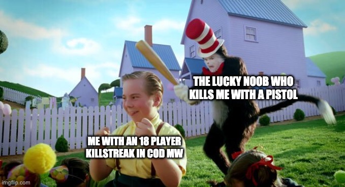 Cat & The Hat | THE LUCKY NOOB WHO KILLS ME WITH A PISTOL; ME WITH AN 18 PLAYER KILLSTREAK IN COD MW | image tagged in cat the hat | made w/ Imgflip meme maker