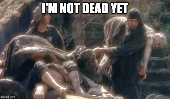 I'm not dead yet | I'M NOT DEAD YET | image tagged in i'm not dead yet | made w/ Imgflip meme maker