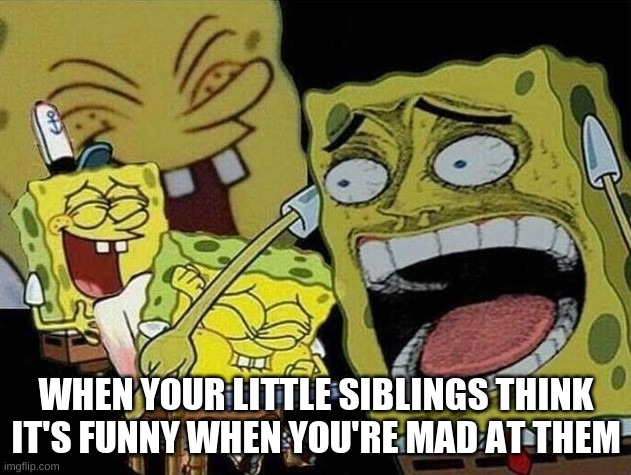 Spongebob laughing Hysterically | WHEN YOUR LITTLE SIBLINGS THINK IT'S FUNNY WHEN YOU'RE MAD AT THEM | image tagged in spongebob laughing hysterically | made w/ Imgflip meme maker