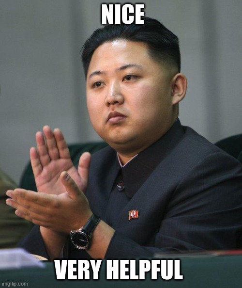 Kim Jong Un | NICE VERY HELPFUL | image tagged in kim jong un | made w/ Imgflip meme maker
