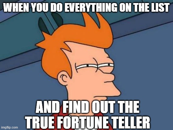 WHEN YOU DO EVERYTHING ON THE LIST AND FIND OUT THE TRUE FORTUNE TELLER | image tagged in memes,futurama fry | made w/ Imgflip meme maker