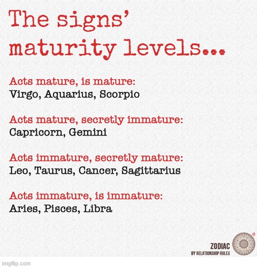 ahahahahhahhahah im mature lol | image tagged in mature,immature,zodiac,signs | made w/ Imgflip meme maker