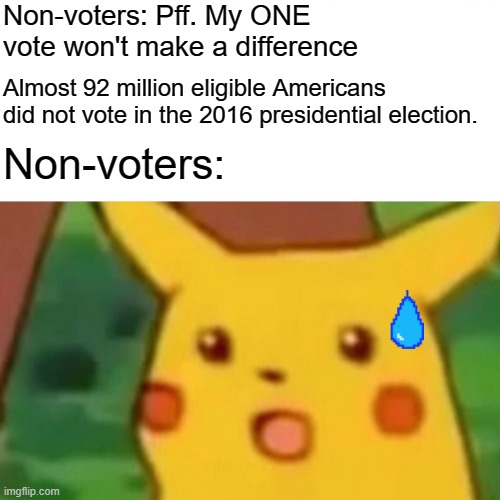 Voter Turnout | Non-voters: Pff. My ONE vote won't make a difference; Almost 92 million eligible Americans did not vote in the 2016 presidential election. Non-voters: | image tagged in memes,surprised pikachu,voting | made w/ Imgflip meme maker