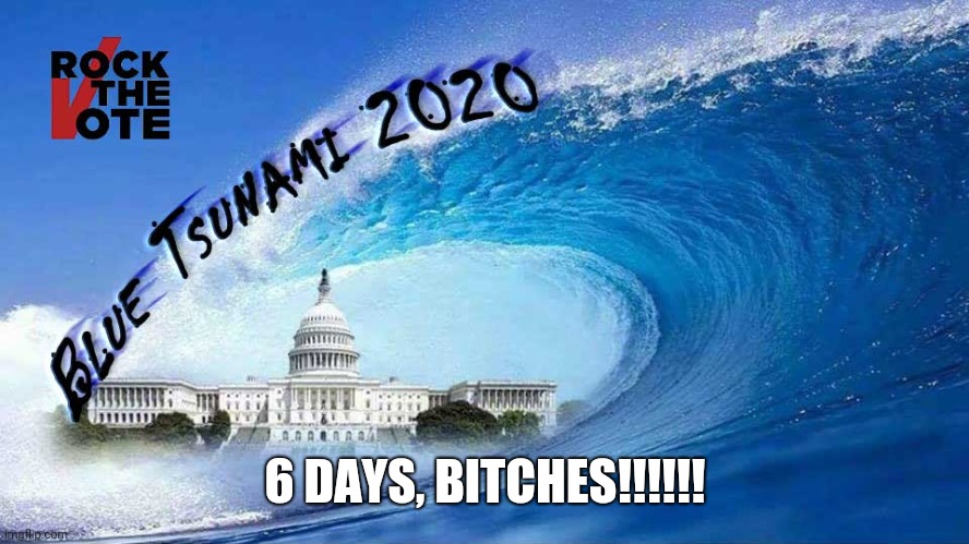 Blue Tsunami | 6 DAYS, BITCHES!!!!!! | image tagged in blue tsunami,blue wave,donald trump you're fired | made w/ Imgflip meme maker