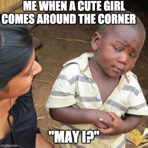 Third World Skeptical Kid | ME WHEN A CUTE GIRL COMES AROUND THE CORNER; "MAY I?" | image tagged in memes,third world skeptical kid | made w/ Imgflip meme maker