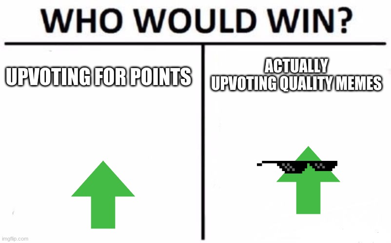 Who Would Win? | ACTUALLY UPVOTING QUALITY MEMES; UPVOTING FOR POINTS | image tagged in memes,who would win | made w/ Imgflip meme maker