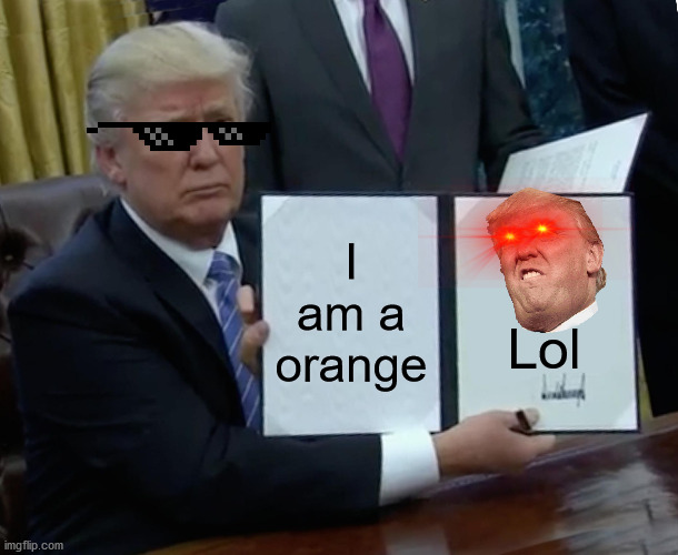 Trump Bill Signing | I am a orange; Lol | image tagged in memes,trump bill signing | made w/ Imgflip meme maker