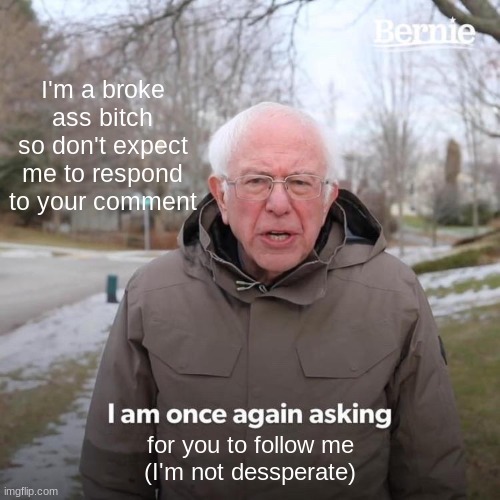 Bernie I Am Once Again Asking For Your Support | I'm a broke ass bitch so don't expect me to respond to your comment; for you to follow me
(I'm not desperate) | image tagged in memes,bernie i am once again asking for your support | made w/ Imgflip meme maker