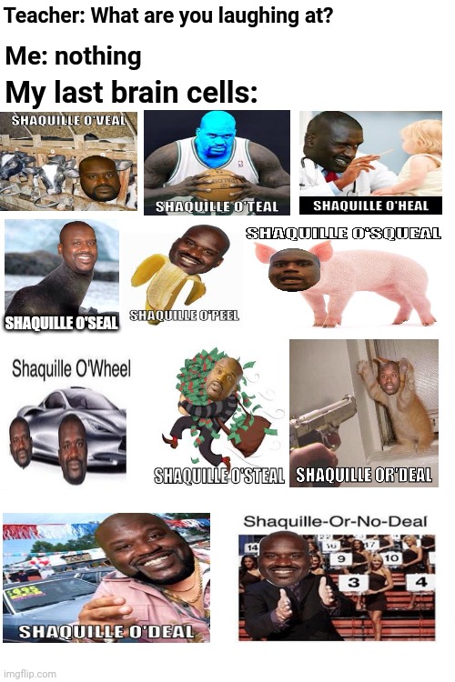 Teacher: What are you laughing at?; Me: nothing; My last brain cells: | Teacher: What are you laughing at? Me: nothing; My last brain cells:; SHAQUILLE O'SEAL | image tagged in blank white template,memes,meme,funny,shaq meme,teacher what are you laughing at | made w/ Imgflip meme maker