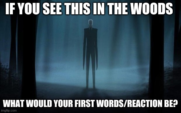 Slenderman | IF YOU SEE THIS IN THE WOODS; WHAT WOULD YOUR FIRST WORDS/REACTION BE? | image tagged in slenderman | made w/ Imgflip meme maker