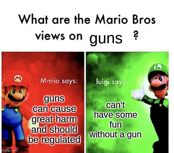 Mario Bros Views | guns; guns can cause great harm and should be regulated; can't have some fun without a gun | image tagged in mario bros views | made w/ Imgflip meme maker