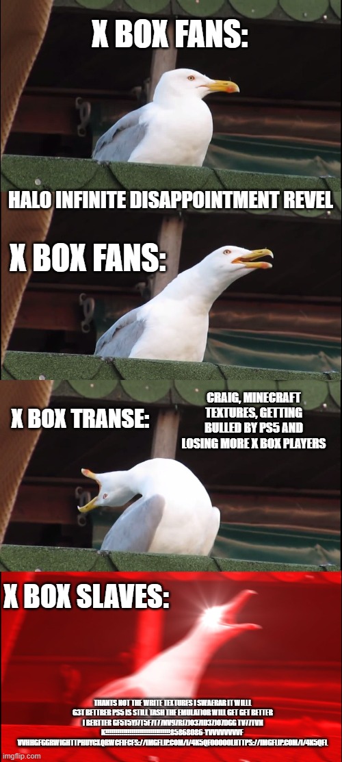 Inhaling Seagull | X BOX FANS:; HALO INFINITE DISAPPOINTMENT REVEL; X BOX FANS:; CRAIG, MINECRAFT TEXTURES, GETTING BULLED BY PS5 AND LOSING MORE X BOX PLAYERS; X BOX TRANSE:; X BOX SLAVES:; THANTS NOT THE WRITE TEXTURES I SWAERAR IT WILLL G3T BETTRER PS5 IS STILL TASH THE EMULATIOR WILL GET GET BETTER I BERTTER GF5T5YJ7T5F7T77NV97RJ7JO37ID37JO7DGG TV77TVN K!!!!!!!!!!!!!!!!!!!!!!!!!!!!!!!!85868086-YVVVVVVVVF  VVHHGFGGRWIGHTTPHUYCXQRWCFIFCFS://IMGFLIP.COM/I/4K5QFOOOOOLHTTPS://IMGFLIP.COM/I/4K5QFL | image tagged in memes,inhaling seagull | made w/ Imgflip meme maker