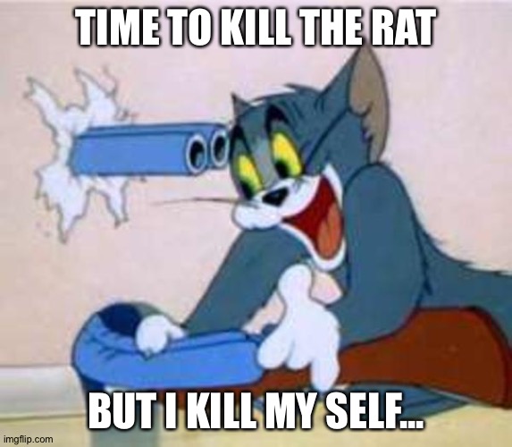 tom the cat shooting himself  | TIME TO KILL THE RAT; BUT I KILL MY SELF... | image tagged in tom the cat shooting himself | made w/ Imgflip meme maker