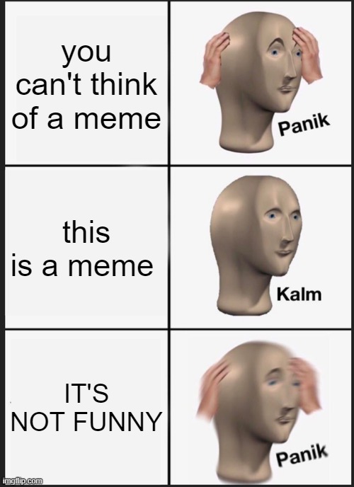 NOT FUNNY |  you can't think of a meme; this is a meme; IT'S NOT FUNNY | image tagged in memes,panik kalm panik | made w/ Imgflip meme maker